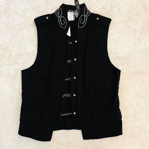 Oh Yes Black Sleeveless Chain Metallic Button Vest Womens L with Rhinestones - Picture 4 of 12
